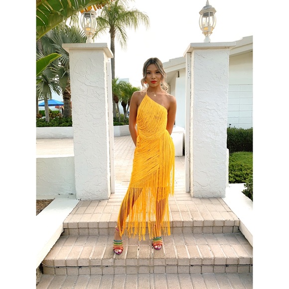 asos yellow fringe dress
